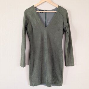 Y2K Bebe Faux Suede Long Sleeve Olive Green Bodycon Mini Dress Sexy Baddie Sz M